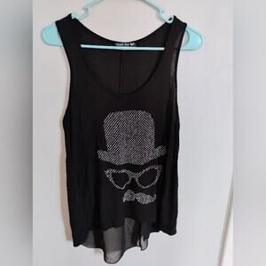 Double Zero Skull Tank Top Womens Medium Black Rhinestone Graphic Sheer Hem